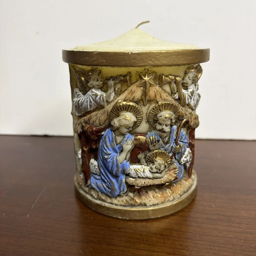 Vintage Lenox‎ Handpainted Nativity Candle Pillar Christmas Decor 1970 Gold Trim